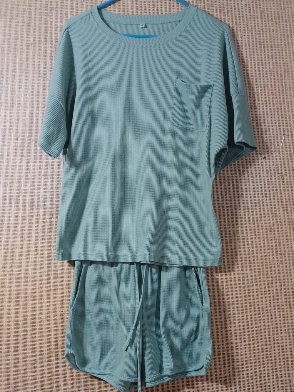 Light Teal Waffle Knit Short Set — Pocket Tee & Drawstring Shorts